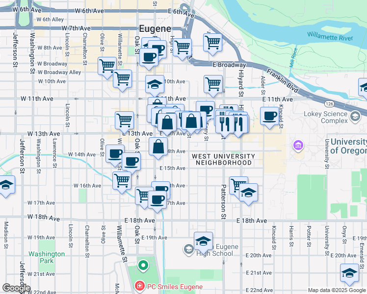 map of restaurants, bars, coffee shops, grocery stores, and more near 1390 Mill Street in Eugene