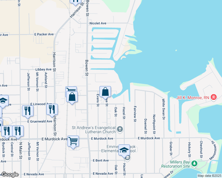 map of restaurants, bars, coffee shops, grocery stores, and more near 1042 Greenwood Court in Oshkosh