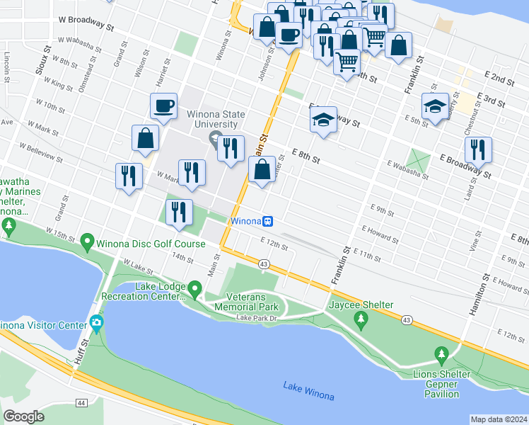 map of restaurants, bars, coffee shops, grocery stores, and more near 560 Center Street in Winona