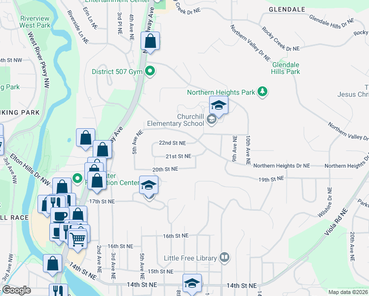 map of restaurants, bars, coffee shops, grocery stores, and more near 607 21st Street Northeast in Rochester
