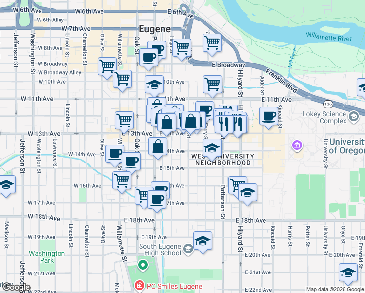 map of restaurants, bars, coffee shops, grocery stores, and more near 361 East 14th Avenue in Eugene
