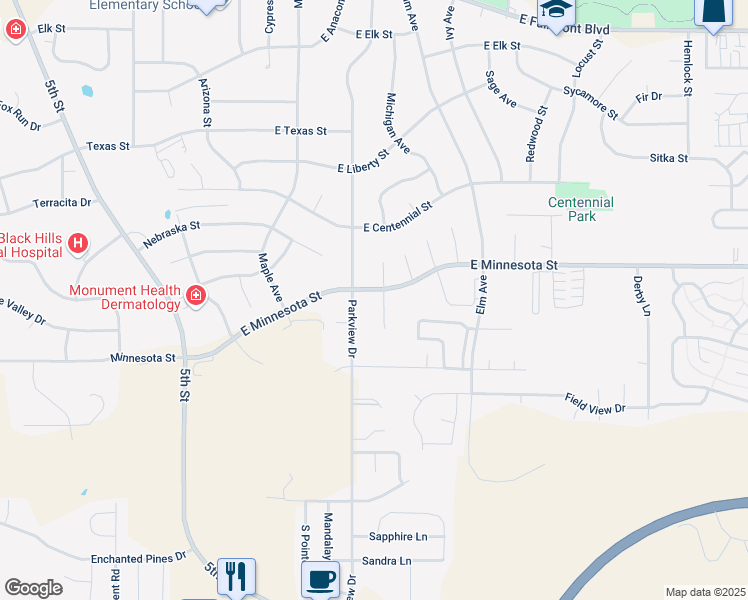 map of restaurants, bars, coffee shops, grocery stores, and more near 4121 Winfield Court in Rapid City