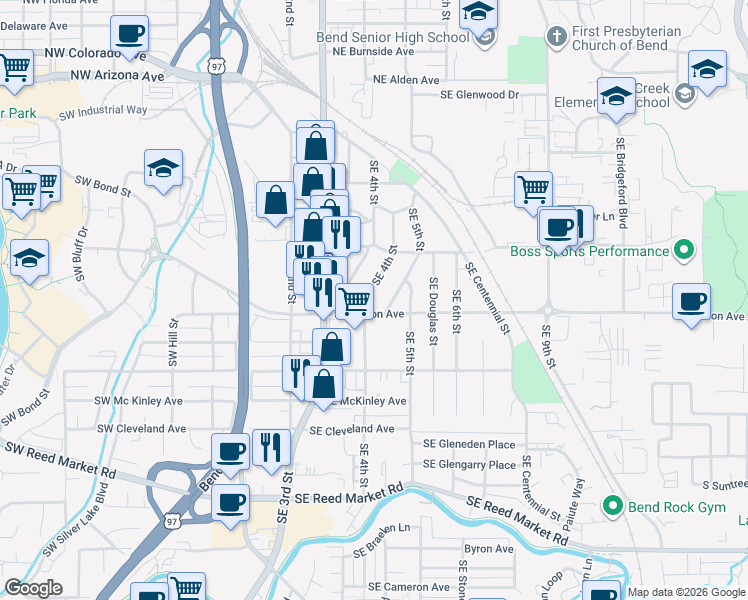 map of restaurants, bars, coffee shops, grocery stores, and more near 560 Southeast Silvis Lane in Bend