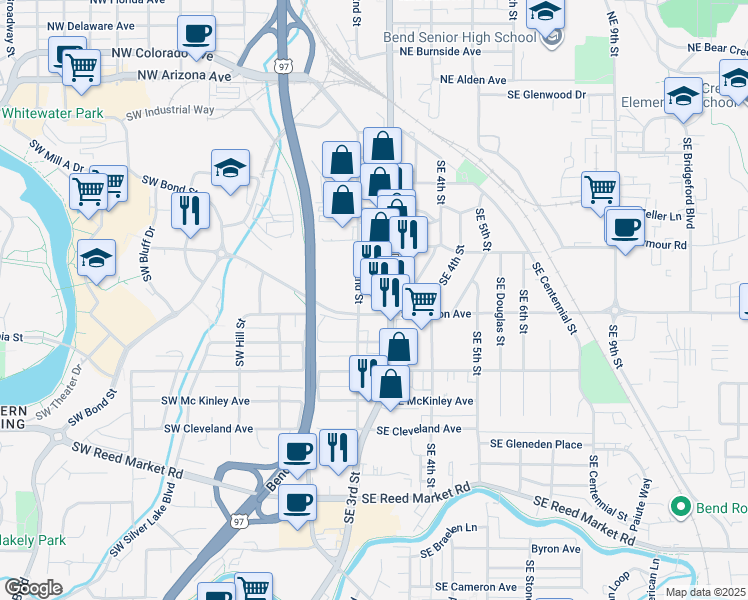 map of restaurants, bars, coffee shops, grocery stores, and more near 210 Southeast Wilson Avenue in Bend
