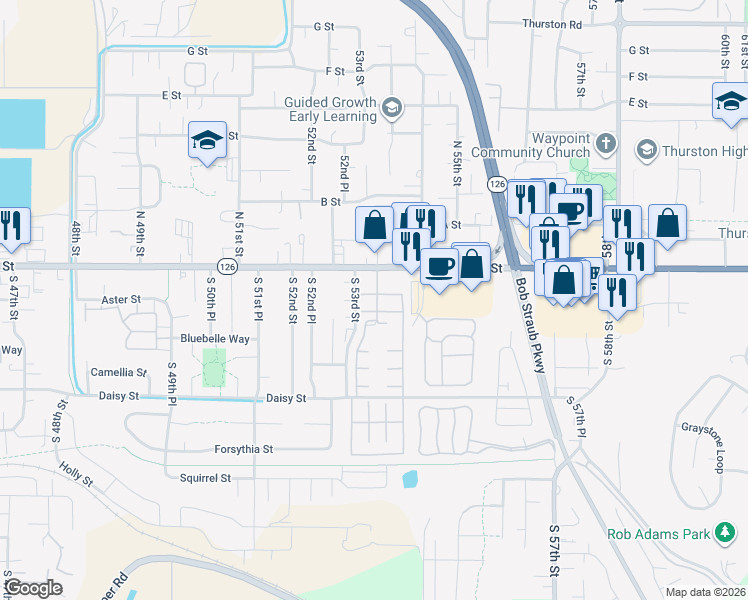 map of restaurants, bars, coffee shops, grocery stores, and more near Oak Court in Springfield