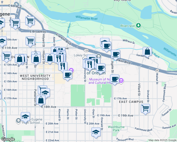 map of restaurants, bars, coffee shops, grocery stores, and more near 1352 Onyx Street in Eugene