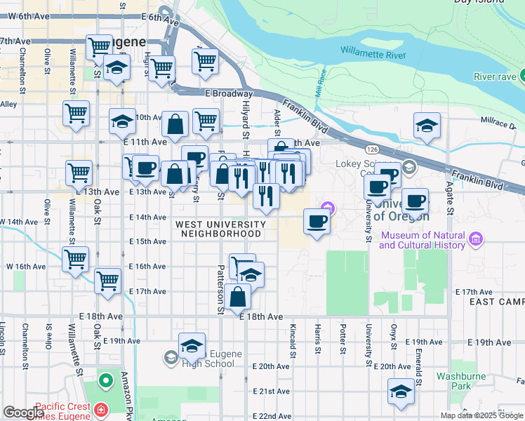map of restaurants, bars, coffee shops, grocery stores, and more near 751 East 14th Avenue in Eugene