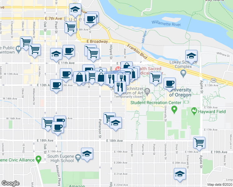 map of restaurants, bars, coffee shops, grocery stores, and more near 751 East 14th Avenue in Eugene