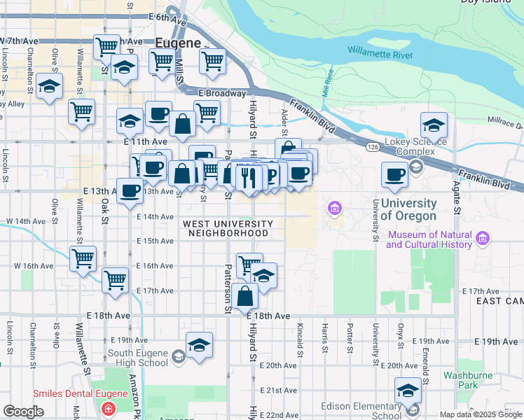 map of restaurants, bars, coffee shops, grocery stores, and more near 751 East 14th Avenue in Eugene