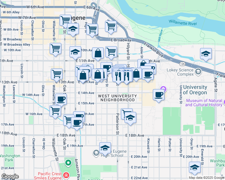 map of restaurants, bars, coffee shops, grocery stores, and more near 585 East 14th Avenue in Eugene