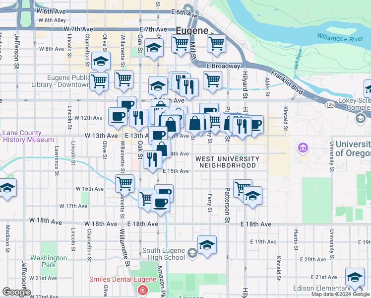 map of restaurants, bars, coffee shops, grocery stores, and more near 1390 Mill Street in Eugene