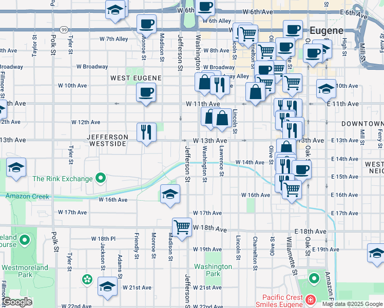 map of restaurants, bars, coffee shops, grocery stores, and more near 537 West 14th Avenue in Eugene