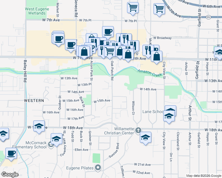 map of restaurants, bars, coffee shops, grocery stores, and more near 1405 Oak Patch Road in Eugene