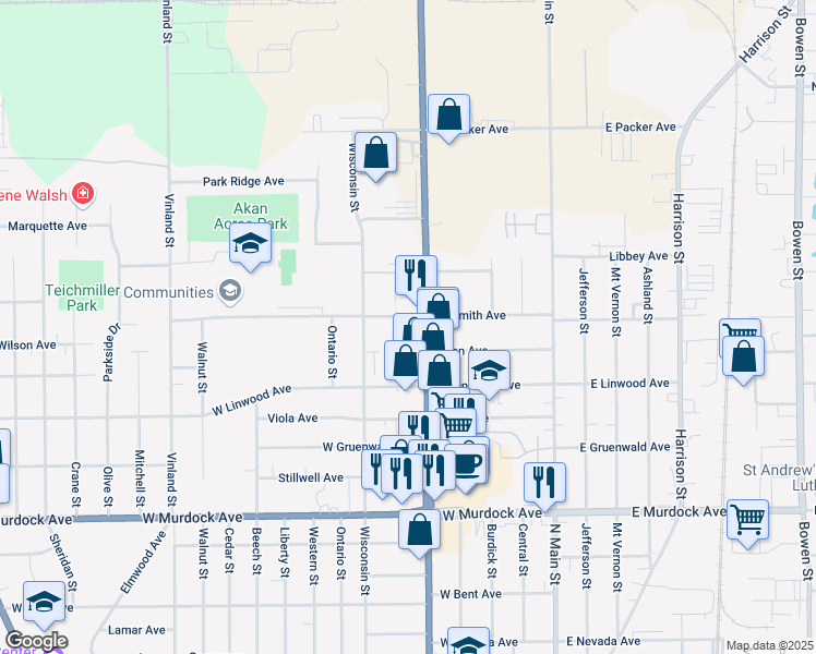 map of restaurants, bars, coffee shops, grocery stores, and more near 2201 Jackson Street in Oshkosh