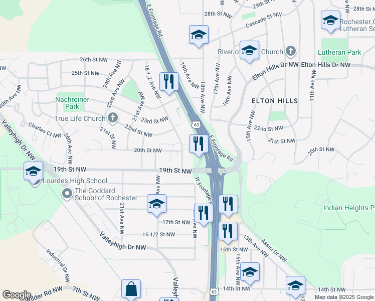 map of restaurants, bars, coffee shops, grocery stores, and more near 1930 18 1/2 Avenue Northwest in Rochester