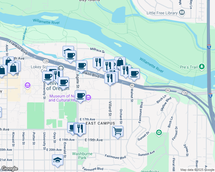 map of restaurants, bars, coffee shops, grocery stores, and more near 1380 Villard Street in Eugene