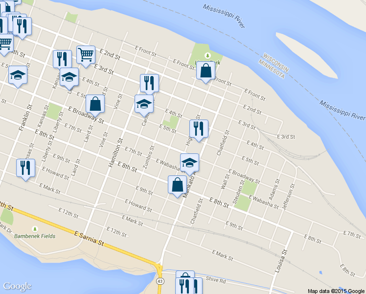 map of restaurants, bars, coffee shops, grocery stores, and more near 722 East Broadway Street in Winona