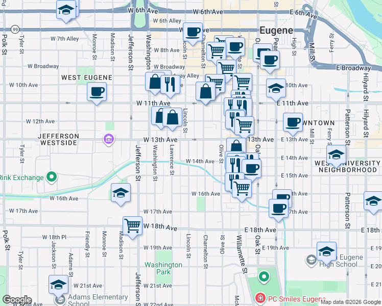 map of restaurants, bars, coffee shops, grocery stores, and more near 1379 Lincoln Alley in Eugene