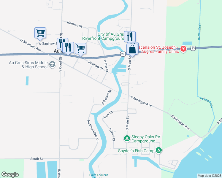map of restaurants, bars, coffee shops, grocery stores, and more near 501 South Detroit Street in Au Gres