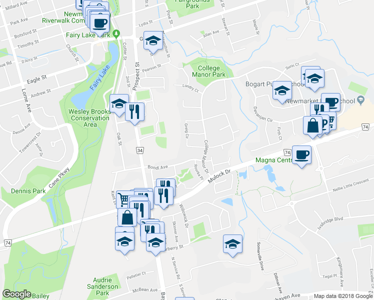 map of restaurants, bars, coffee shops, grocery stores, and more near 479 Greig Circle in Newmarket