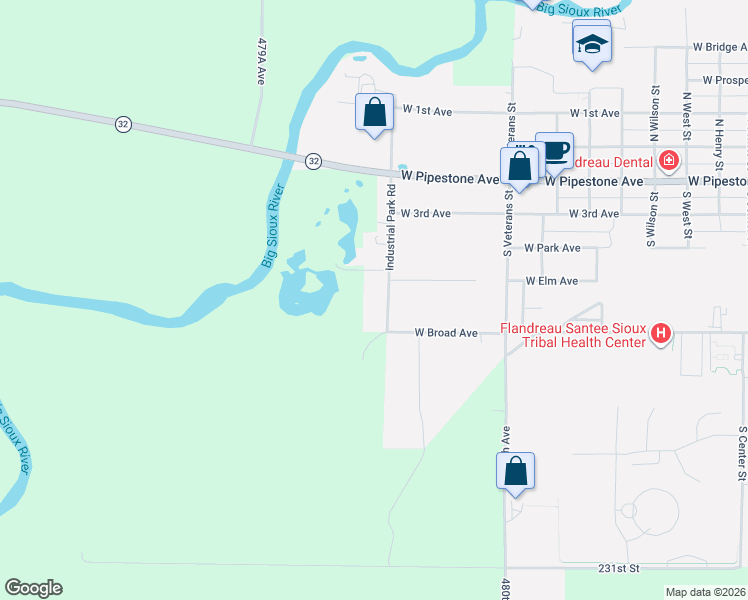 map of restaurants, bars, coffee shops, grocery stores, and more near 400 Industrial Park Road in Flandreau