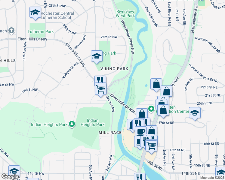 map of restaurants, bars, coffee shops, grocery stores, and more near 215 Elton Hills Drive Northwest in Rochester
