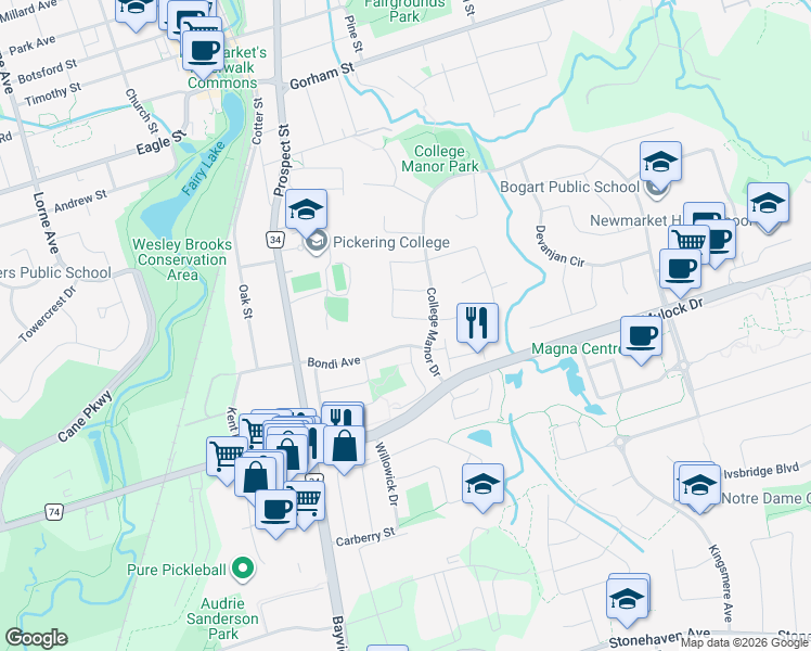 map of restaurants, bars, coffee shops, grocery stores, and more near in Newmarket