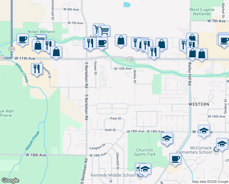 map of restaurants, bars, coffee shops, grocery stores, and more near 3940 West 13th Avenue in Eugene