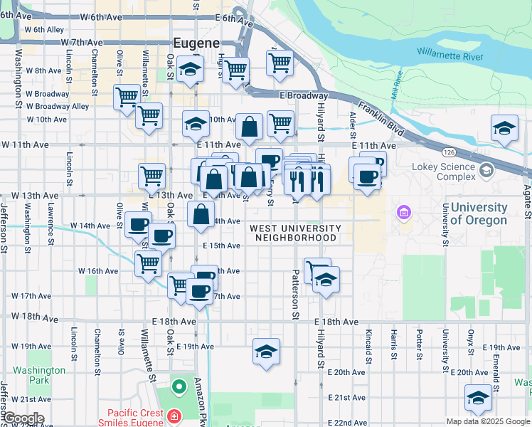 map of restaurants, bars, coffee shops, grocery stores, and more near 1376 Ferry Street in Eugene