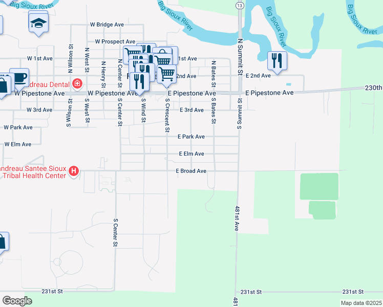 map of restaurants, bars, coffee shops, grocery stores, and more near 499 South Prairie Street in Flandreau