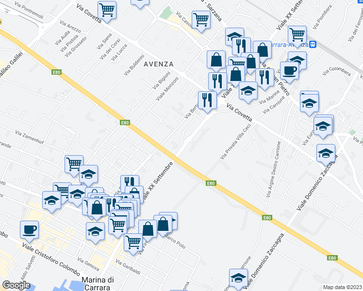 map of restaurants, bars, coffee shops, grocery stores, and more near 249A Viale XX Settembre in Carrara