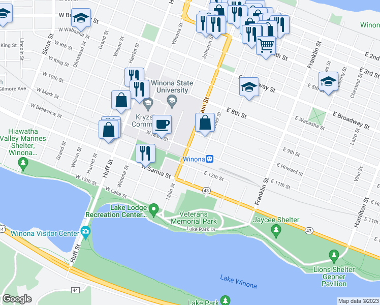 map of restaurants, bars, coffee shops, grocery stores, and more near 560 Main Street in Winona