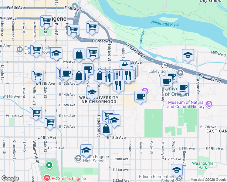 map of restaurants, bars, coffee shops, grocery stores, and more near 725 East 14th Avenue in Eugene