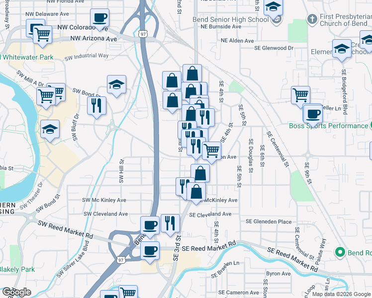 map of restaurants, bars, coffee shops, grocery stores, and more near 235 Southeast Yew Lane in Bend