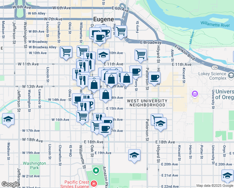 map of restaurants, bars, coffee shops, grocery stores, and more near 1390 High Street in Eugene