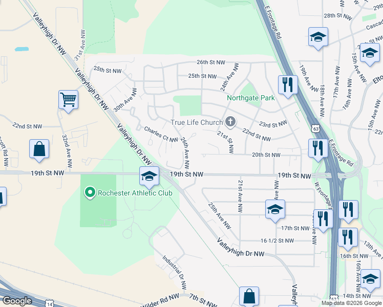 map of restaurants, bars, coffee shops, grocery stores, and more near 1905 26th Avenue Northwest in Rochester