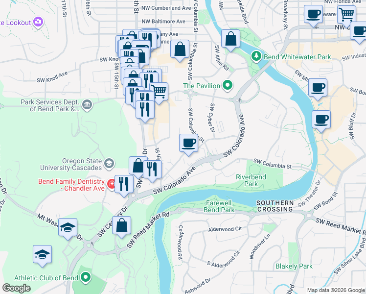 map of restaurants, bars, coffee shops, grocery stores, and more near 1004 Southwest Emkay Drive in Bend