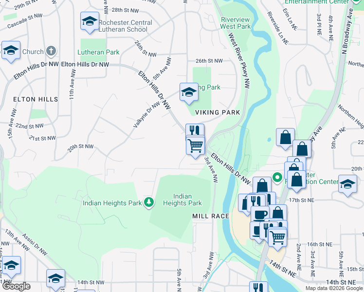 map of restaurants, bars, coffee shops, grocery stores, and more near 1923 Viking Drive Northwest in Rochester