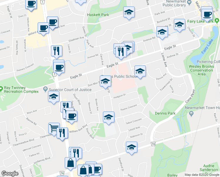 map of restaurants, bars, coffee shops, grocery stores, and more near 343 Sandford Street in Newmarket
