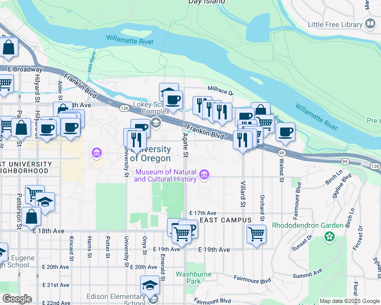map of restaurants, bars, coffee shops, grocery stores, and more near 1355 Agate Street in Eugene