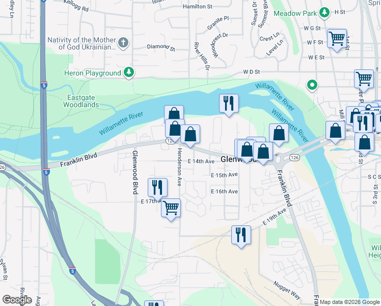 map of restaurants, bars, coffee shops, grocery stores, and more near 1411 Seneca Avenue in Eugene