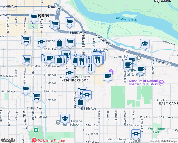 map of restaurants, bars, coffee shops, grocery stores, and more near 751 East 14th Avenue in Eugene