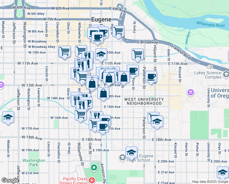map of restaurants, bars, coffee shops, grocery stores, and more near 1390 High Street in Eugene