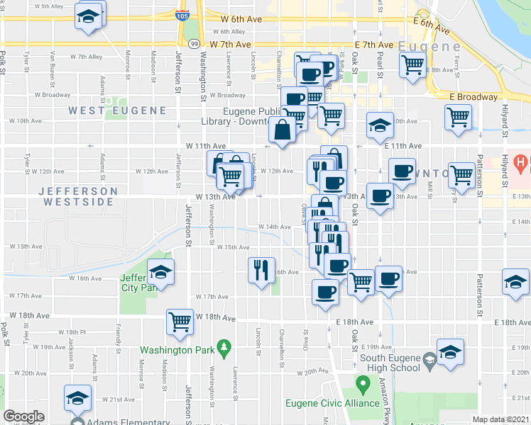map of restaurants, bars, coffee shops, grocery stores, and more near 1382 Charnelton Street in Eugene