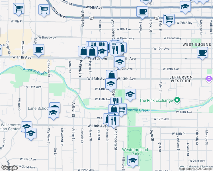 map of restaurants, bars, coffee shops, grocery stores, and more near 1398 Chambers Street in Eugene