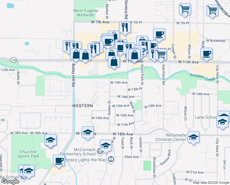 map of restaurants, bars, coffee shops, grocery stores, and more near 3361 West 14th Avenue in Eugene