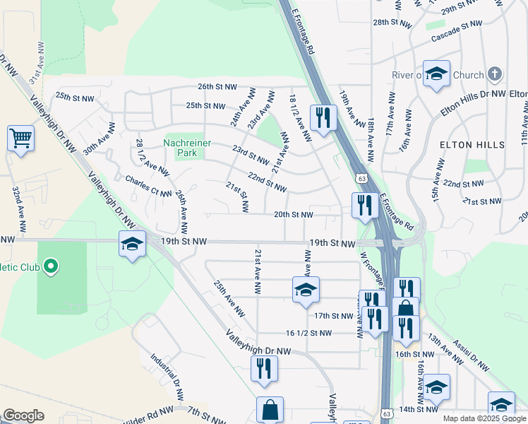 map of restaurants, bars, coffee shops, grocery stores, and more near 2112 20th Street Northwest in Rochester