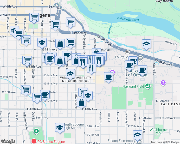 map of restaurants, bars, coffee shops, grocery stores, and more near 751 East 14th Avenue in Eugene
