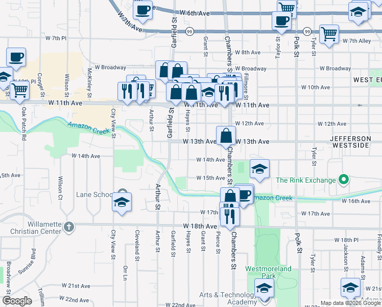 map of restaurants, bars, coffee shops, grocery stores, and more near 1359 Hayes Street in Eugene