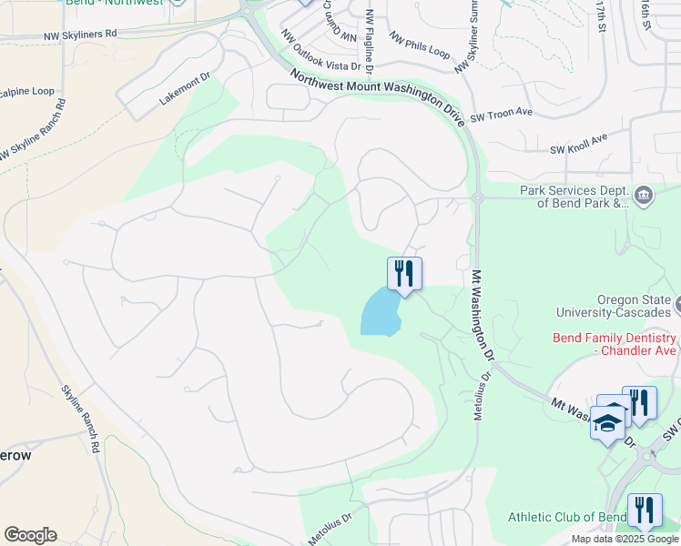 map of restaurants, bars, coffee shops, grocery stores, and more near 61818 Red Meadow Court in Bend